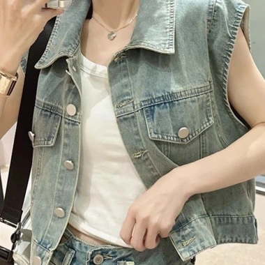 Áo khoác denim nữ retro bảo hộ lao động mùa hè, rời ngoài không tay, ngắn top - 254.880₫ 4