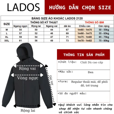 Áo khoác dù nam LADOS-12.120, nón tháo rời, dày dặn, lót dù, túi trong rộng, mạnh mẽ