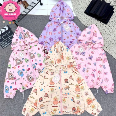 Áo khoác gió 2 lớp in tràn Labubu Kuromi Capybara Baby Three cho bé 20‑50kg - Giá ưu đãi 167k