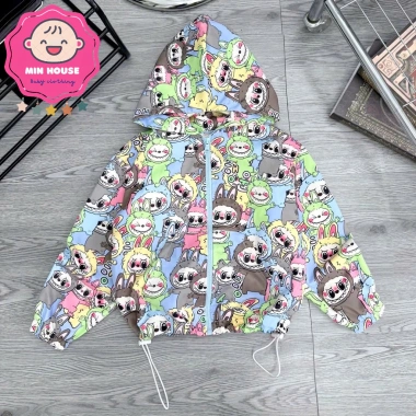 Áo khoác gió 2 lớp in tràn Labubu Kuromi Capybara Baby Three cho bé 20‑50kg - Giá ưu đãi 167k