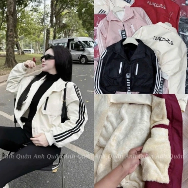 Áo khoác gió nữ 2 lớp lót lông dày dặn, kẻ sọc thể thao croptop, kháng nước cản gió - 128k