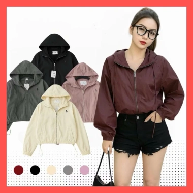 Áo khoác gió nữ croptop thêu logo ngựa, mũ vải nhăn cao cấp, freesize 40‑65kg, giá 88.999₫