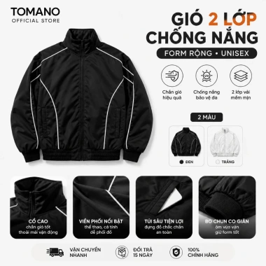 Áo khoác gió unisex 2 lớp vải dù mềm mịn, khóa kéo, chống nắng, cản bụi, bo chun rộng - Tomano 145k 2