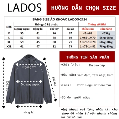 Áo khoác gió vải dù cao cấp LADOS-12.124 2 lớp không thêu, túi trong, giá 244k