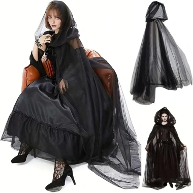 Áo khoác Halloween cổ điển màu đen buộc dây, mũ trùm đầu quá khổ - Giá chỉ 120.960₫