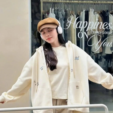 Áo khoác hoodie zip nữ họa tiết thêu Happy Cat cute, nữ tính, đa phong cách 3