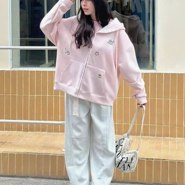 Áo khoác hoodie zip nữ họa tiết thêu Happy Cat cute, nữ tính, đa phong cách 7