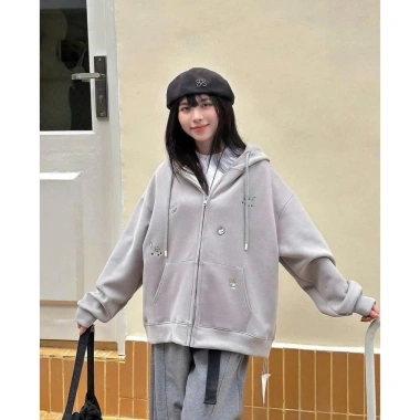 Áo khoác hoodie zip nữ họa tiết thêu Happy Cat cute, nữ tính, đa phong cách 10