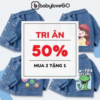 Áo khoác jean bé BabyloveGO chất denim mềm mại, in hình, giao mẫu ngẫu nhiên, giá 299k