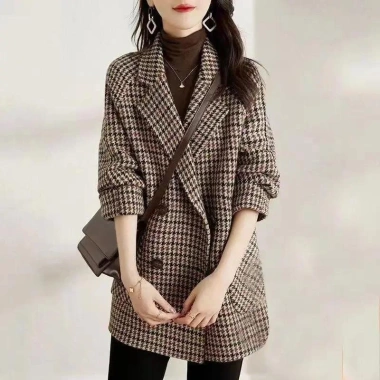 Áo khoác kẻ sọc xuân thu len pha trộn tweed blazer nữ, phong cách Hàn Quốc, dài tay, bán mùa thu, giảm 18%