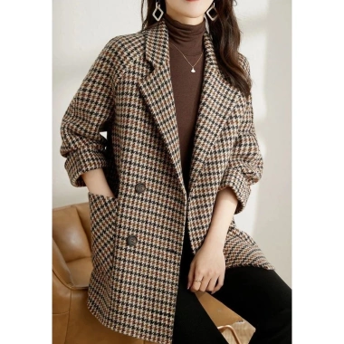 Áo khoác kẻ sọc xuân thu len pha trộn tweed blazer nữ, phong cách Hàn Quốc, dài tay, bán mùa thu, giảm 18%