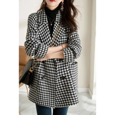 Áo khoác kẻ sọc xuân thu len pha trộn tweed blazer nữ, phong cách Hàn Quốc, dài tay, bán mùa thu, giảm 18%