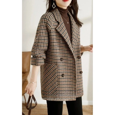 Áo khoác kẻ sọc xuân thu len pha trộn tweed blazer nữ, phong cách Hàn Quốc, dài tay, bán mùa thu, giảm 18%