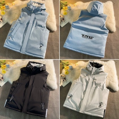 Áo khoác không tay có mũ trùm đầu, cổ đứng, cotton dày giữ ấm cho nam nữ, giá 405.435₫ 5