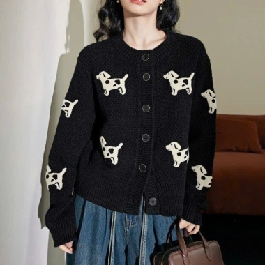 Áo khoác len cardigan dài tay họa tiết chú cún QCCC loại 1, chỉ 19.9k