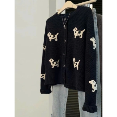 Áo khoác len cardigan dài tay họa tiết chú cún QCCC loại 1, chỉ 19.9k