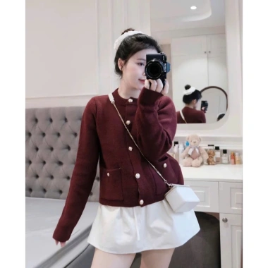 Áo khoác len dệt kim đỏ dài cúc vàng Loại 1, dễ phối đồ, 2Monday AK9, chỉ 199k 2