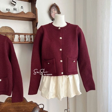 Áo khoác len dệt kim đỏ dài cúc vàng Loại 1, dễ phối đồ, 2Monday AK9, chỉ 199k 7
