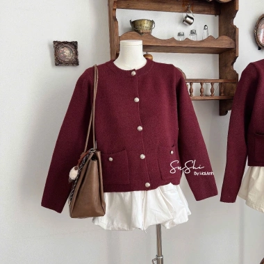Áo khoác len dệt kim đỏ dài cúc vàng Loại 1, dễ phối đồ, 2Monday AK9, chỉ 199k 9