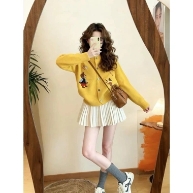 Áo khoác len thêu gấu hoạt hình dáng rộng - Cardigan dệt kim thời trang thu đông, 290.000₫ 6