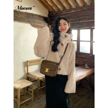 Áo khoác lông dày ngắn cổ đứng giữ ấm mùa thu đông retro nữ giá chỉ 124.027 VND