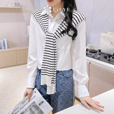 Áo khoác ngoài dệt kim sọc Hàn Quốc ấm áp mùa đông, cổ giả thắt nút – chỉ 64,512₫