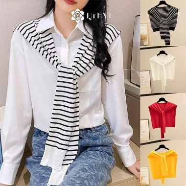 Áo khoác ngoài dệt kim sọc Hàn Quốc ấm áp mùa đông, cổ giả thắt nút – chỉ 64,512₫