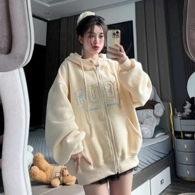Áo khoác nỉ dày dặn boxy tay phồng, thêu chữ NCUUAA, cúc bấm cổ Ulzzang - giảm còn 199k