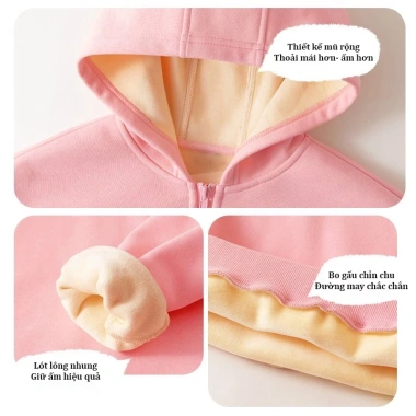 Áo khoác nỉ lót lông BabyloveGO 2.026 cho bé gái, có mũ và khóa kéo tiện lợi AKN04, giảm giá 199.000₫