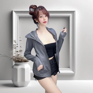 Áo khoác nữ chống nắng vải thun đốm co giãn 4 chiều – 6 túi, dây kéo dài tới mũi 7