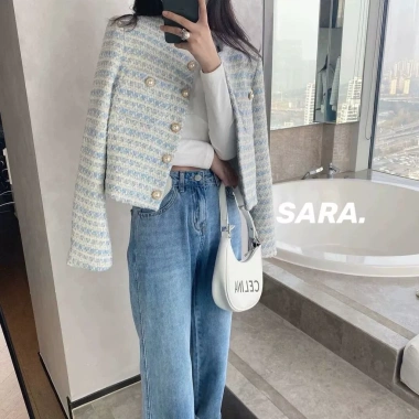 Áo khoác nữ lãng mạn sữa xanh ngọc trai, cổ tròn dài tay, nút dệt Xuân Thu 2