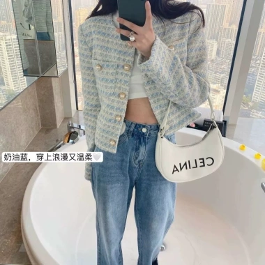Áo khoác nữ lãng mạn sữa xanh ngọc trai, cổ tròn dài tay, nút dệt Xuân Thu 4