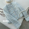 Áo khoác nữ lãng mạn sữa xanh ngọc trai, cổ tròn dài tay, nút dệt Xuân Thu 9