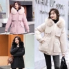 Áo khoác packar lót lông 3 lớp dáng dài rút eo, áo phao nữ mùa đông ấm áp, mũ lông mềm màu hồng nâu trắng đen giảm giá