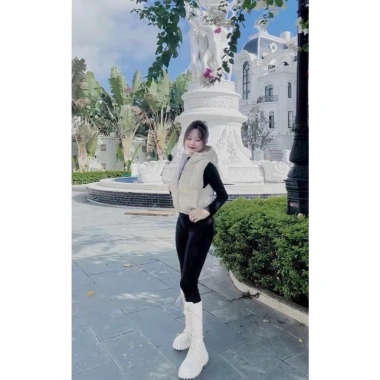 Áo Khoác Phao Gile Ghi Le Nhung Lỳ Freesize Không Tay Có Mũ 2 Túi Dây Rút Gấu