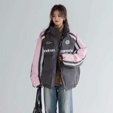 Áo khoác phao hồng xám cổ đứng form rộng unisex giảm giá 265.000, giá gốc 320.650