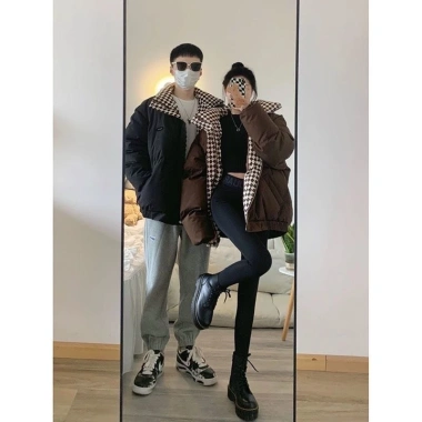 Áo khoác phao mùa đông unisex KUNKUN SP77 dáng rộng 2 mặt họa tiết kẻ caro giá ưu đãi 289k