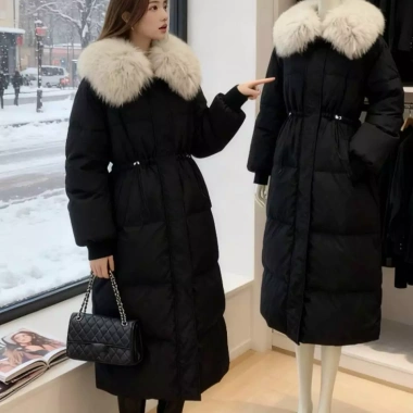 Áo khoác phao nữ dài cổ lông to sang, form suông, du lịch mùa lạnh - 599k