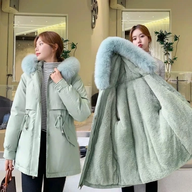 Áo khoác phao Packar xanh ngọc lót lông thỏ mượt, mũ trùm đầu, rút eo form rộng Hàn Quốc - Giảm tới 279k 3