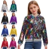 Áo Khoác Sequin Lấp Lánh cho Bé Gái - Nyeemya, Dài Tay, Khóa Kéo, Viền Sọc, Phong Cách Bóng Chày, Tiệc Nhảy Múa