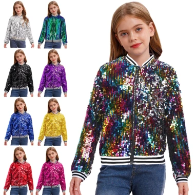 Áo Khoác Sequin Lấp Lánh cho Bé Gái - Nyeemya, Dài Tay, Khóa Kéo, Viền Sọc, Phong Cách Bóng Chày, Tiệc Nhảy Múa