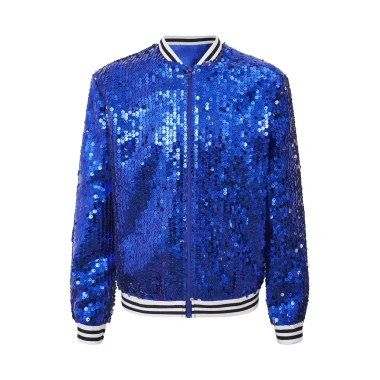 Áo Khoác Sequin Lấp Lánh cho Bé Gái - Nyeemya, Dài Tay, Khóa Kéo, Viền Sọc, Phong Cách Bóng Chày, Tiệc Nhảy Múa