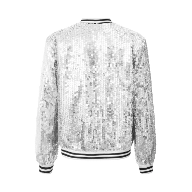 Áo Khoác Sequin Lấp Lánh cho Bé Gái - Nyeemya, Dài Tay, Khóa Kéo, Viền Sọc, Phong Cách Bóng Chày, Tiệc Nhảy Múa