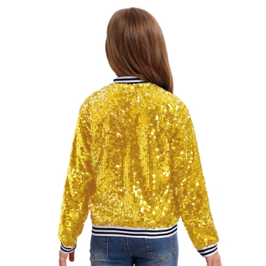 Áo Khoác Sequin Lấp Lánh cho Bé Gái - Nyeemya, Dài Tay, Khóa Kéo, Viền Sọc, Phong Cách Bóng Chày, Tiệc Nhảy Múa