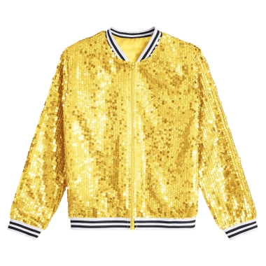 Áo Khoác Sequin Lấp Lánh cho Bé Gái - Nyeemya, Dài Tay, Khóa Kéo, Viền Sọc, Phong Cách Bóng Chày, Tiệc Nhảy Múa