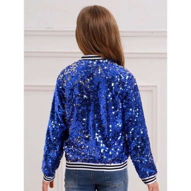 Áo Khoác Sequin Lấp Lánh cho Bé Gái - Nyeemya, Dài Tay, Khóa Kéo, Viền Sọc, Phong Cách Bóng Chày, Tiệc Nhảy Múa