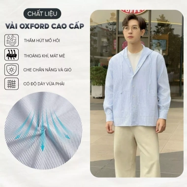 Áo khoác sơ mi Oxford nón rộng chống nắng, vải dày, form đứng trẻ trung - 190k