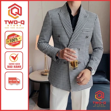 Áo khoác vest blazer nam kẻ caro trắng đen cao cấp, trẻ trung phong cách Hàn Quốc TwoQ