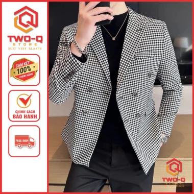 Áo khoác vest blazer nam kẻ caro trắng đen cao cấp, trẻ trung phong cách Hàn Quốc TwoQ