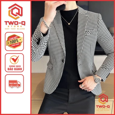 Áo khoác vest blazer nam kẻ caro trắng đen cao cấp, trẻ trung phong cách Hàn Quốc TwoQ